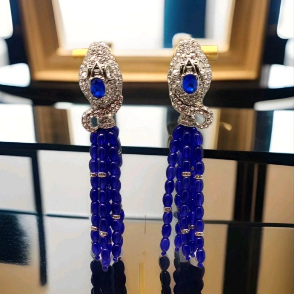Vintage Estate Crystal & Lapis Snake Tassle Silver Earrings